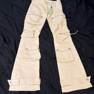 First Row stacked faux leather Cream Cargo Pants with Multiple Pockets